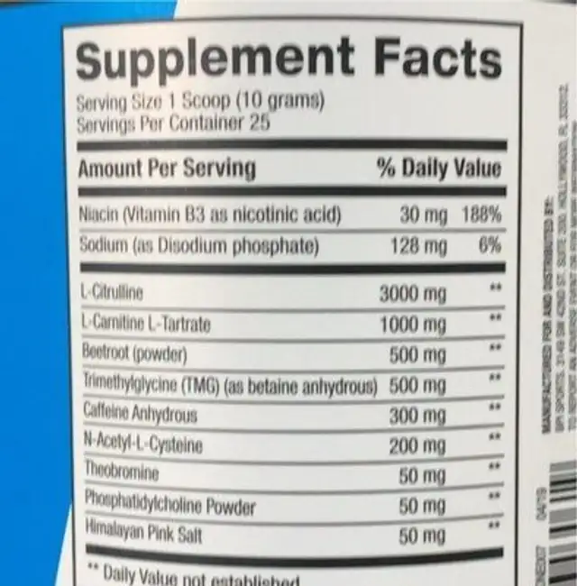 Energy Splash Preworkout nutrition facts table