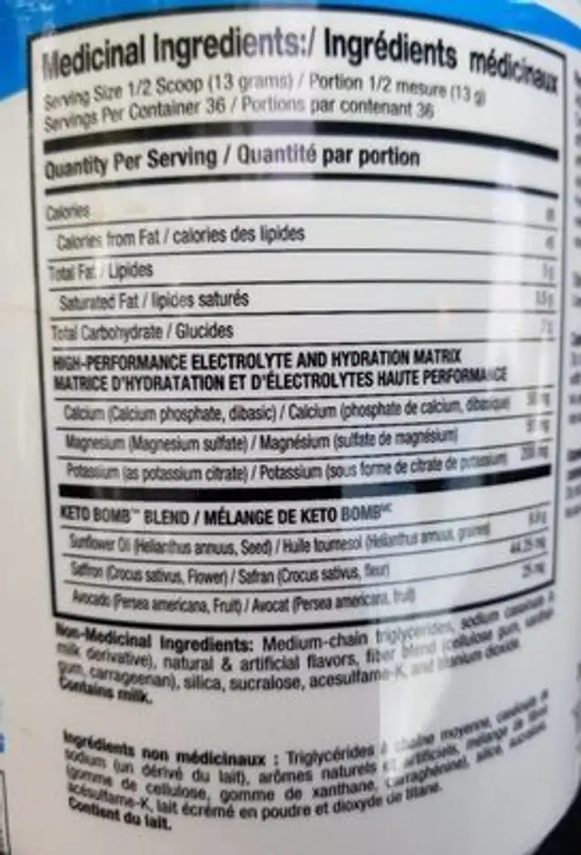 Keto Bomb nutrition facts table