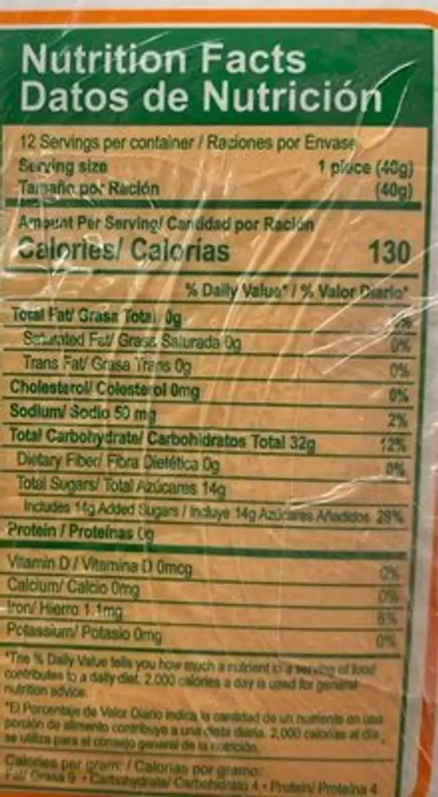 12 veleños nutrition facts table