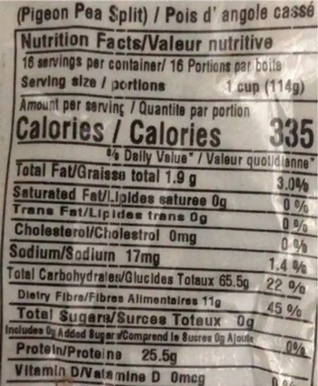 Organic Toor Dal (pigeon Pea Split) nutrition facts table