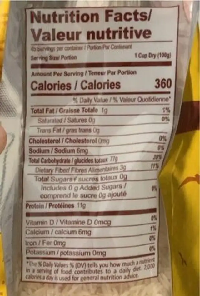 Jumbo extra long grain rice nutrition facts table