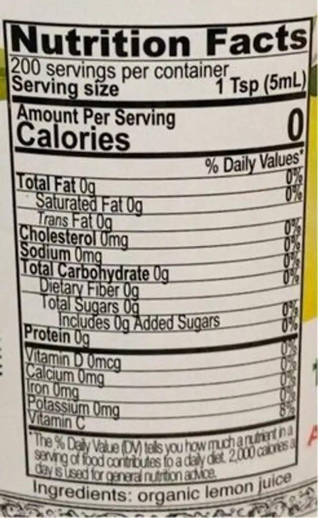 100% Organic Lemon Juice nutrition facts table