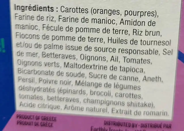 Purple carrot crackers ingredients label