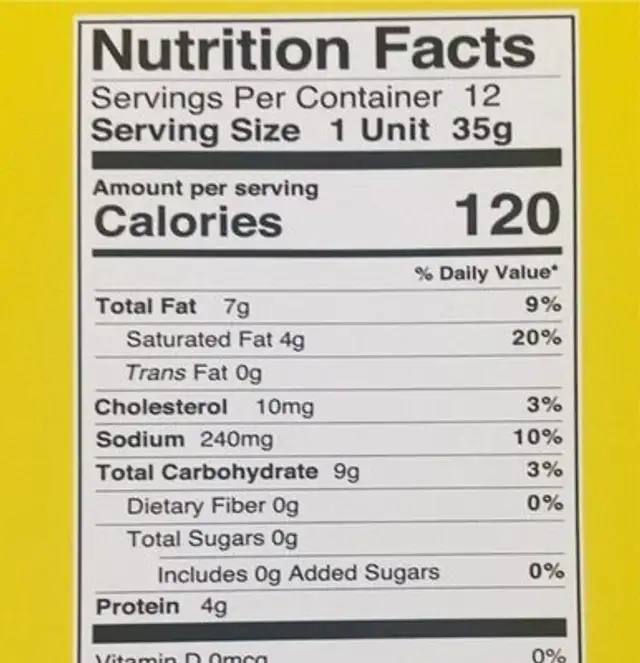 12Tequeños nutrition facts table