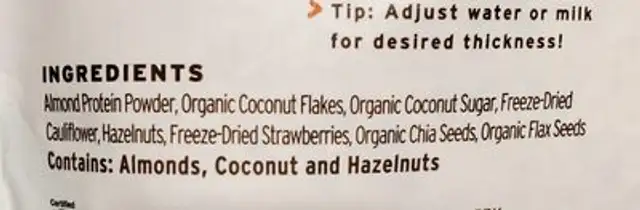 Cauli Hot Cereal ingredients label