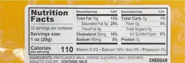Medium Cheddar nutrition facts table
