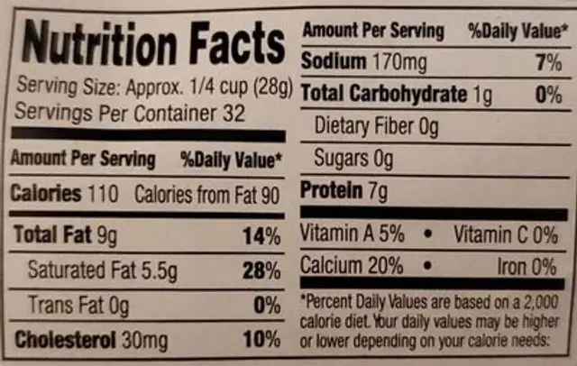 Fancy shredded cheddar and Monterey jack nutrition facts table
