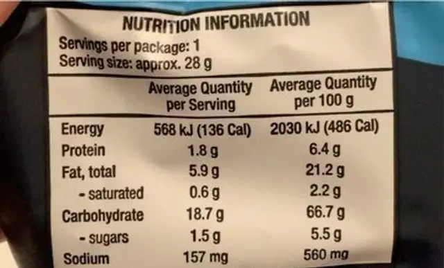 POPCORNERS nutrition facts table