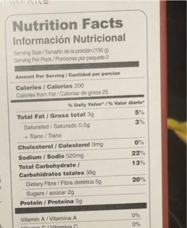 Red Kidney Beans Curry with Basmati Rice nutrition facts table