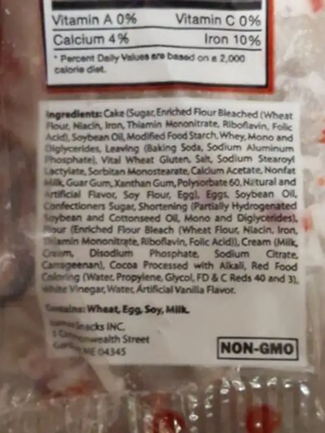 Wicked Whoopie Red Velvet ingredients label