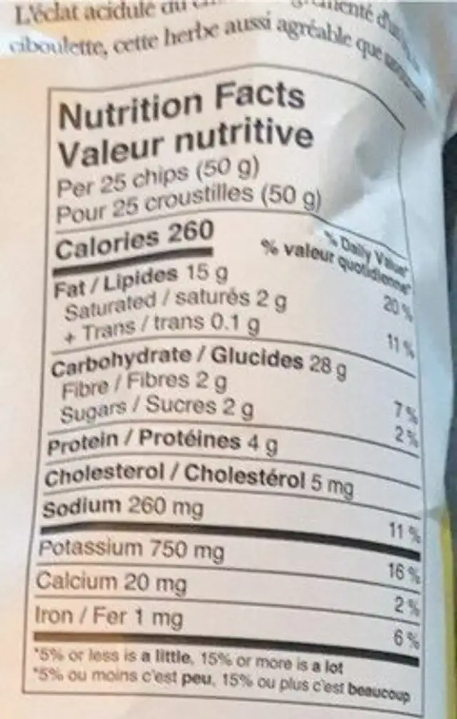 Croustilles anglaises style artisanal nutrition facts table
