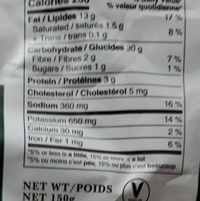 Sea salt and cider vinegar chips nutrition facts table