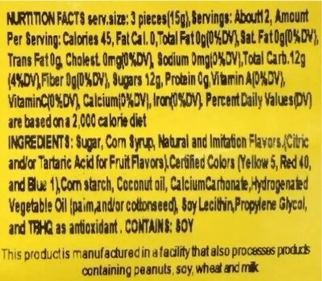 Cut Rock Blueberry nutrition facts table