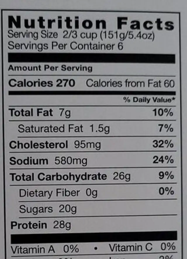 General Tso's Chicken nutrition facts table