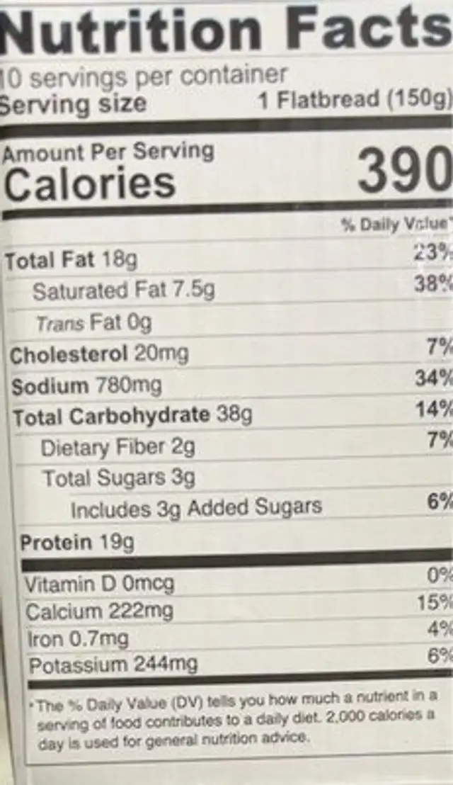 Mediterranean flatbread-Spinach and Mozzarella nutrition facts table