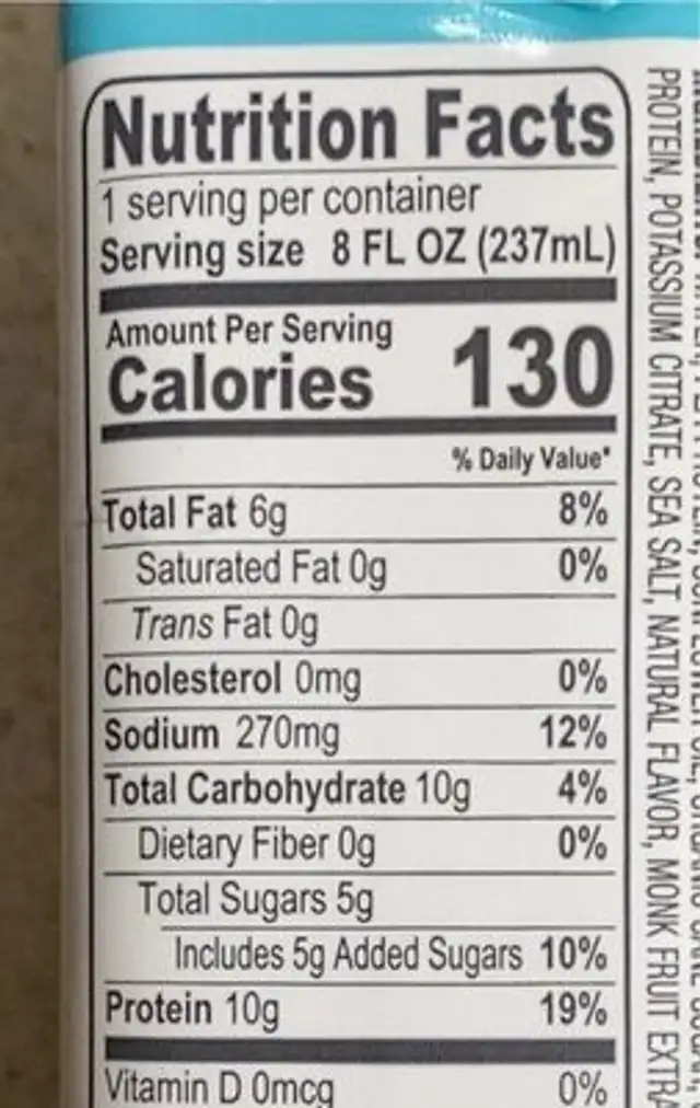 Vanilla nutrition facts table