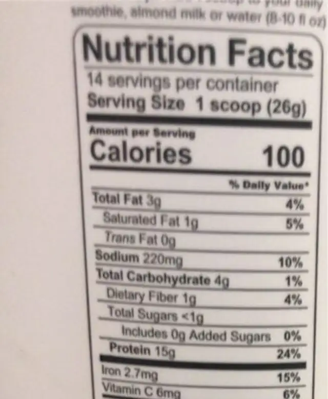 Protein and greens nutrition facts table