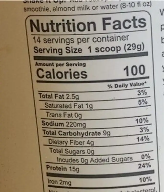 Plant based protein nutrition facts table
