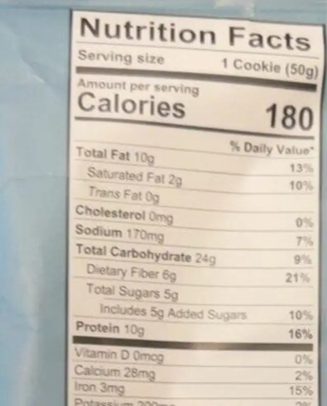 Protein cookie nutrition facts table