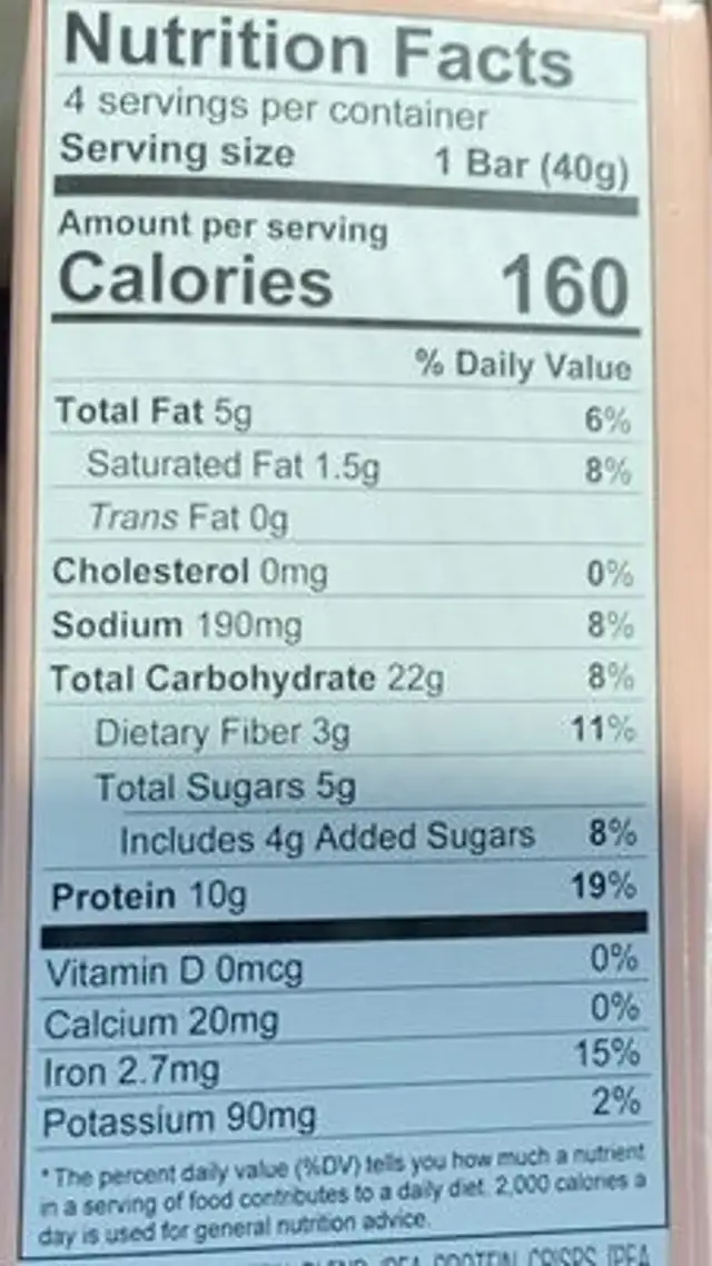 Birthday Cake protein bar nutrition facts table