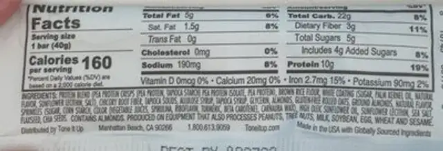 Protien bar nutrition facts table