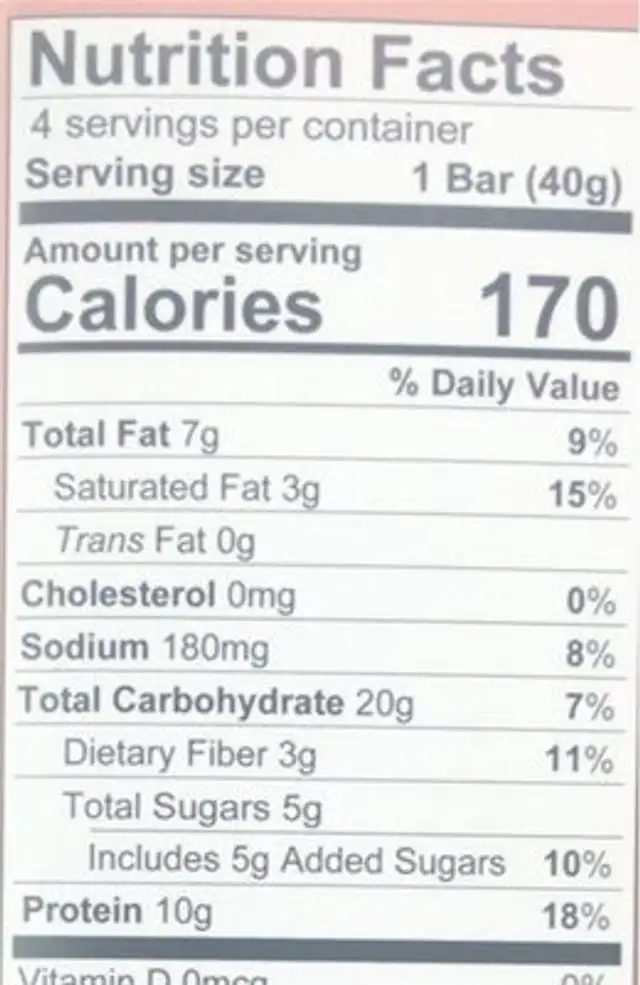 Proteine Bar nutrition facts table