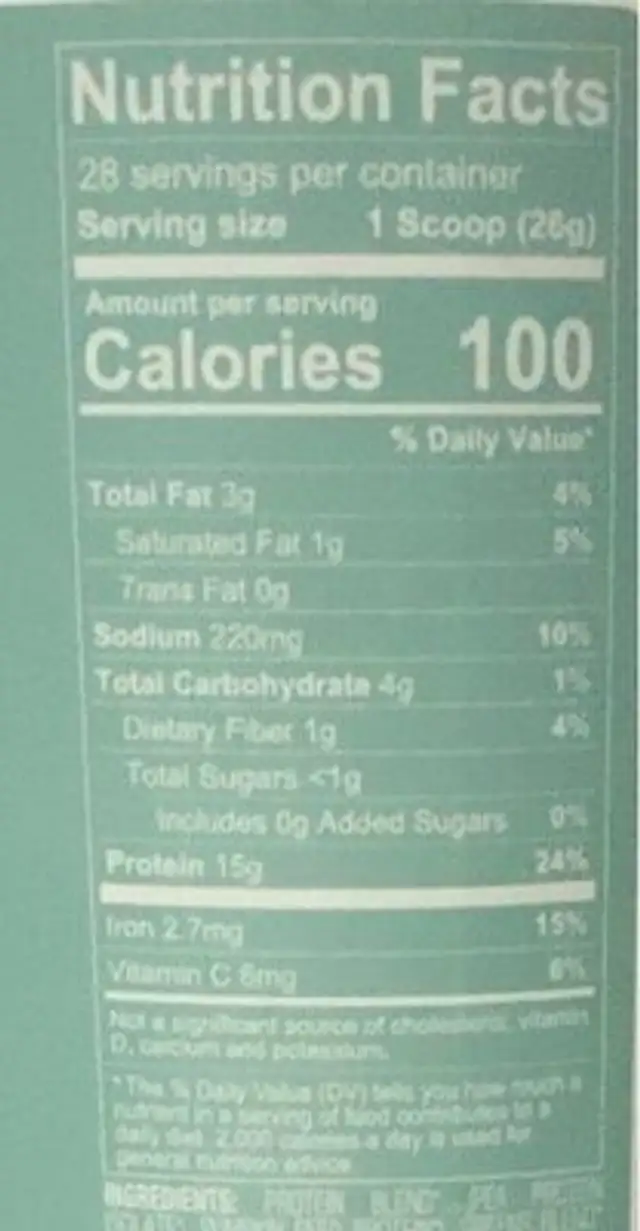 Protein + greens nutrition facts table