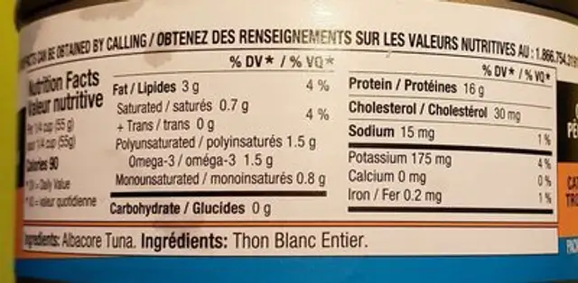 Thon blanc sauvage sans sel ajouté nutrition facts table