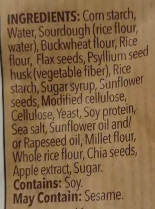 Sourdough Deli Style Bread Seeded ingredients label