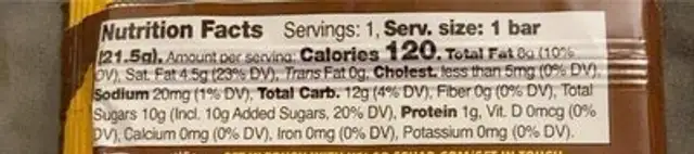 Twin Bar nutrition facts table