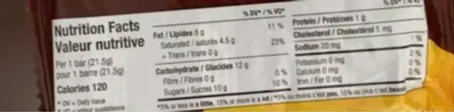 Twin Bar nutrition facts table