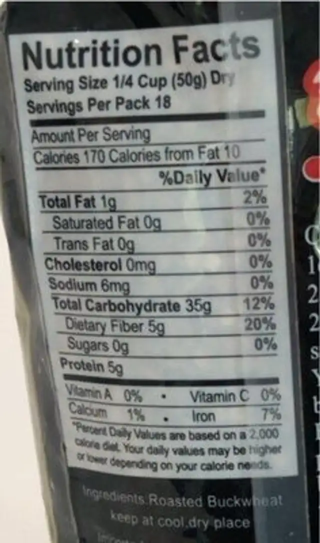 Roasted buckwheat nutrition facts table