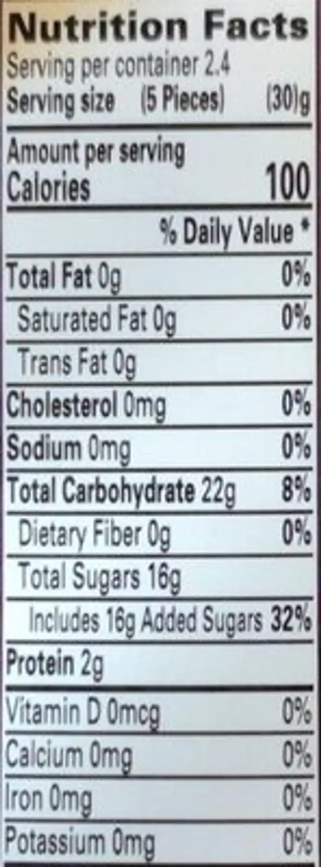 Yowie Gummies nutrition facts table