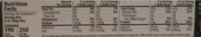 Cauliflower Pasts nutrition facts table