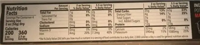 Sweet Potato Pasta nutrition facts table