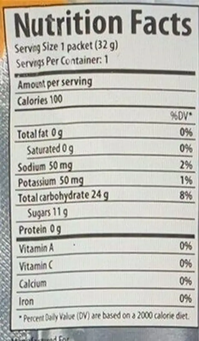 Otganic Energy Gel nutrition facts table