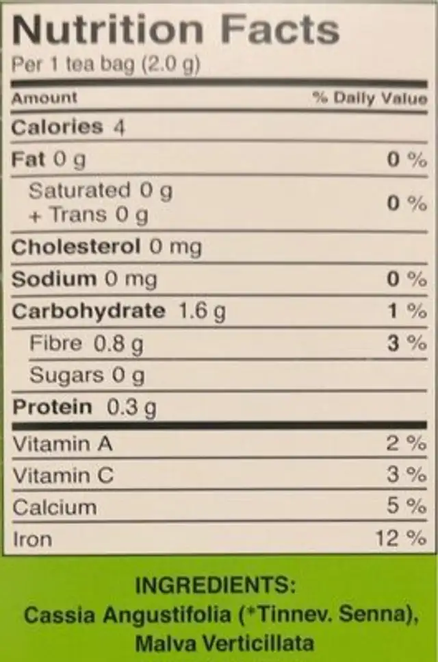 Nutra-Slim Tea nutrition facts table