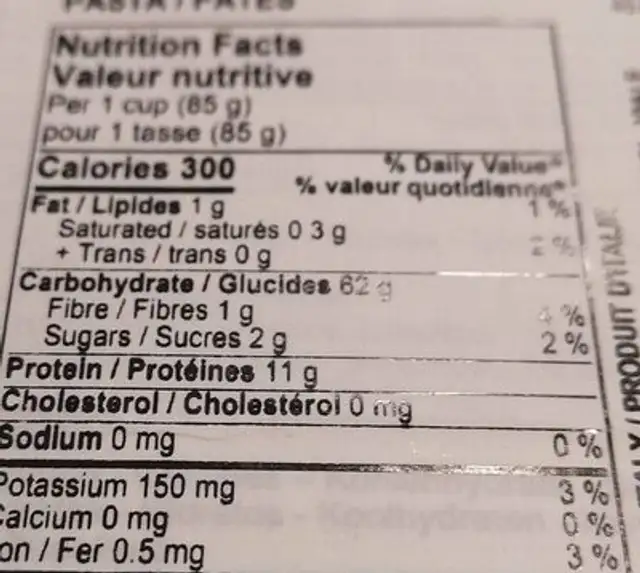 La Fabrics Della Pasta nutrition facts table
