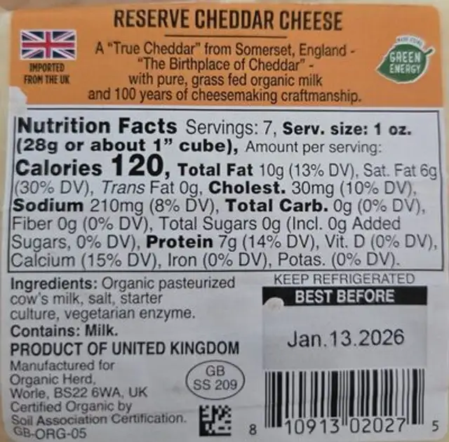 Organic Cheesemaker's Reserve Cheddar Cheese nutrition facts table