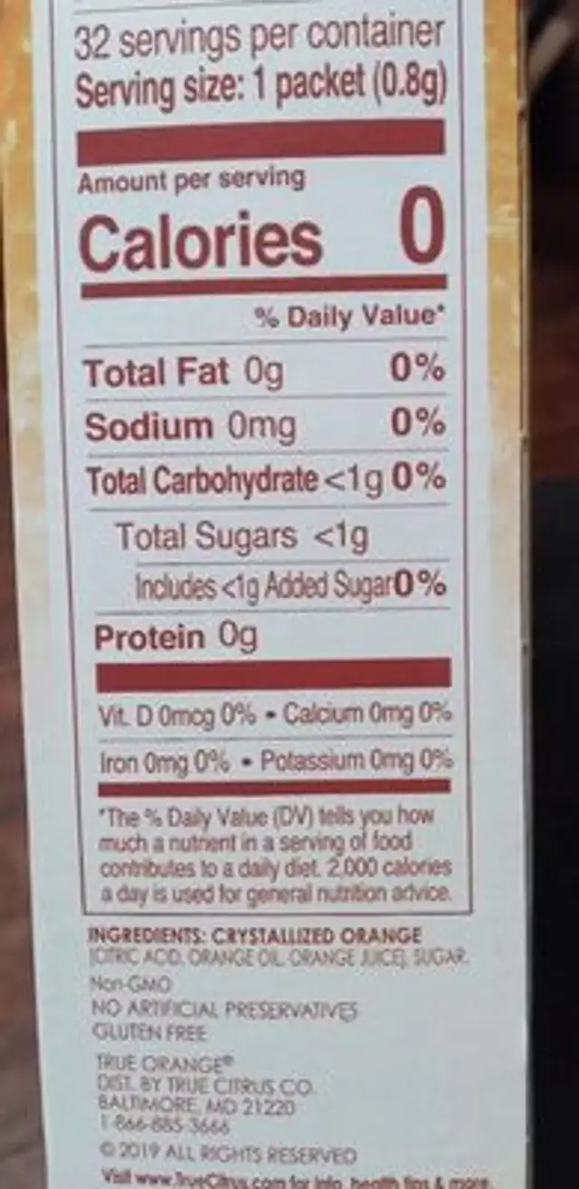 Orange Drink Mix nutrition facts table