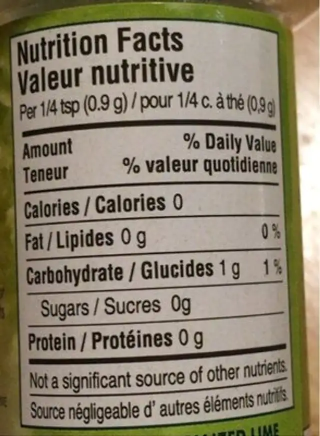 True Lime nutrition facts table