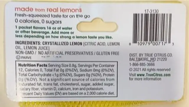Crystallized Lemon nutrition facts table
