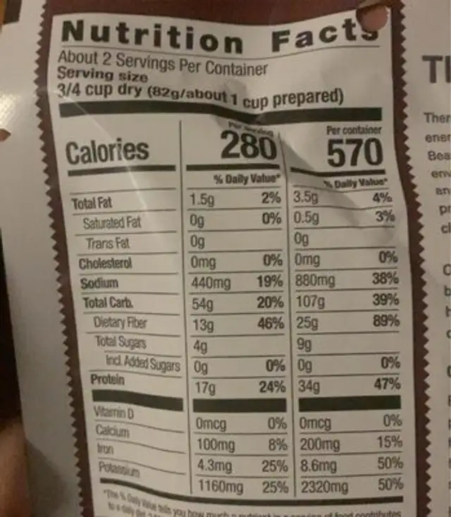 Organic Black Bean Soup nutrition facts table
