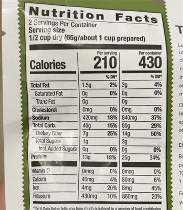 Organic green lentil soup with garlic + ginger nutrition facts table