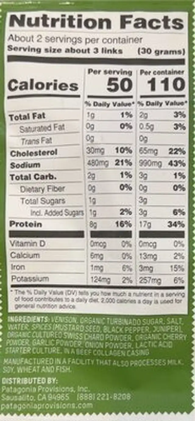 Smoked venison links nutrition facts table