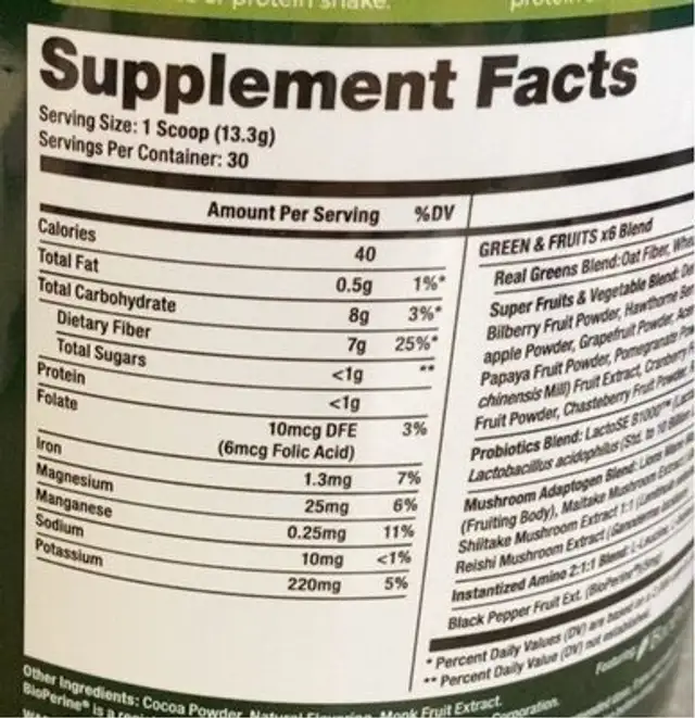 Greens & fruits nutrition facts table