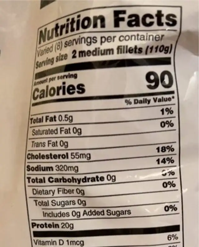 Wild Caught Atlantic Perch Fillets nutrition facts table