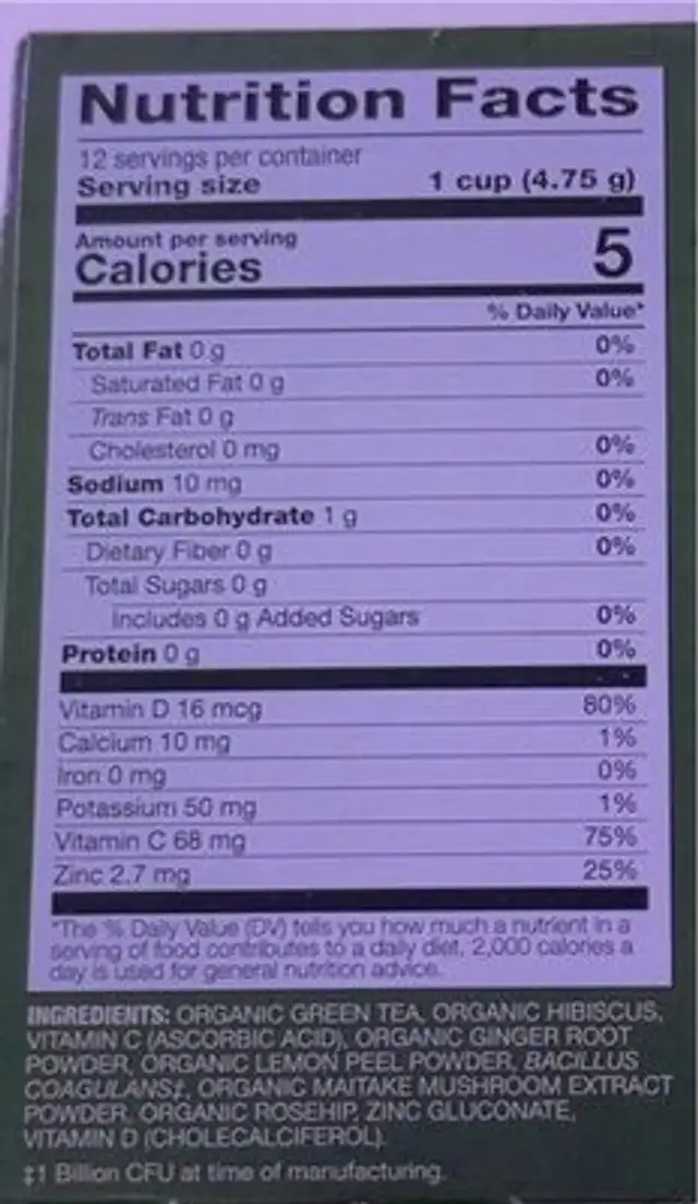 Immunity tea with superfoods nutrition facts table