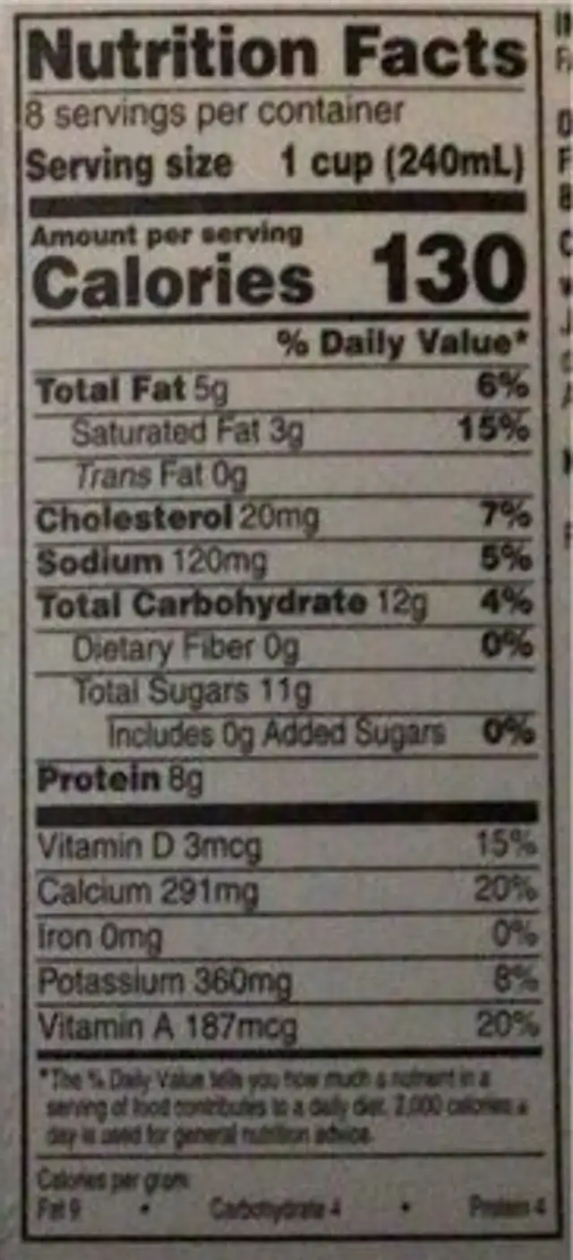2% reduced fat milk nutrition facts table