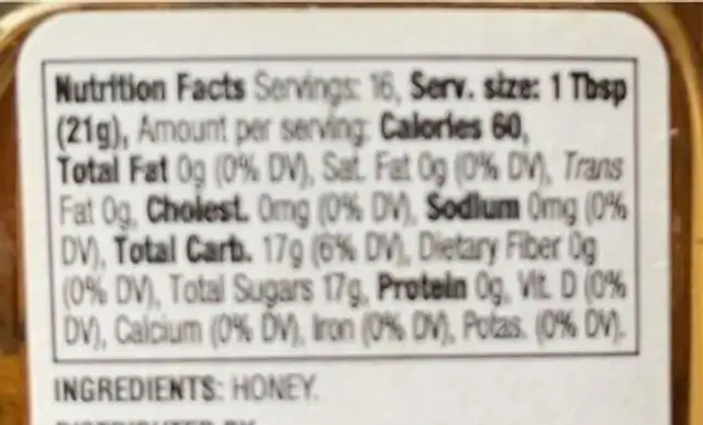 Clover Honey nutrition facts table
